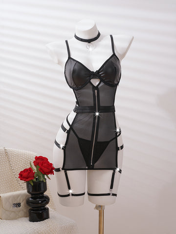 Sheer Lace-Up Lingerie Set with Front Zipper Leg Restraints, Collar, BDSM Lingerie, Couples Roleplay Lingerie