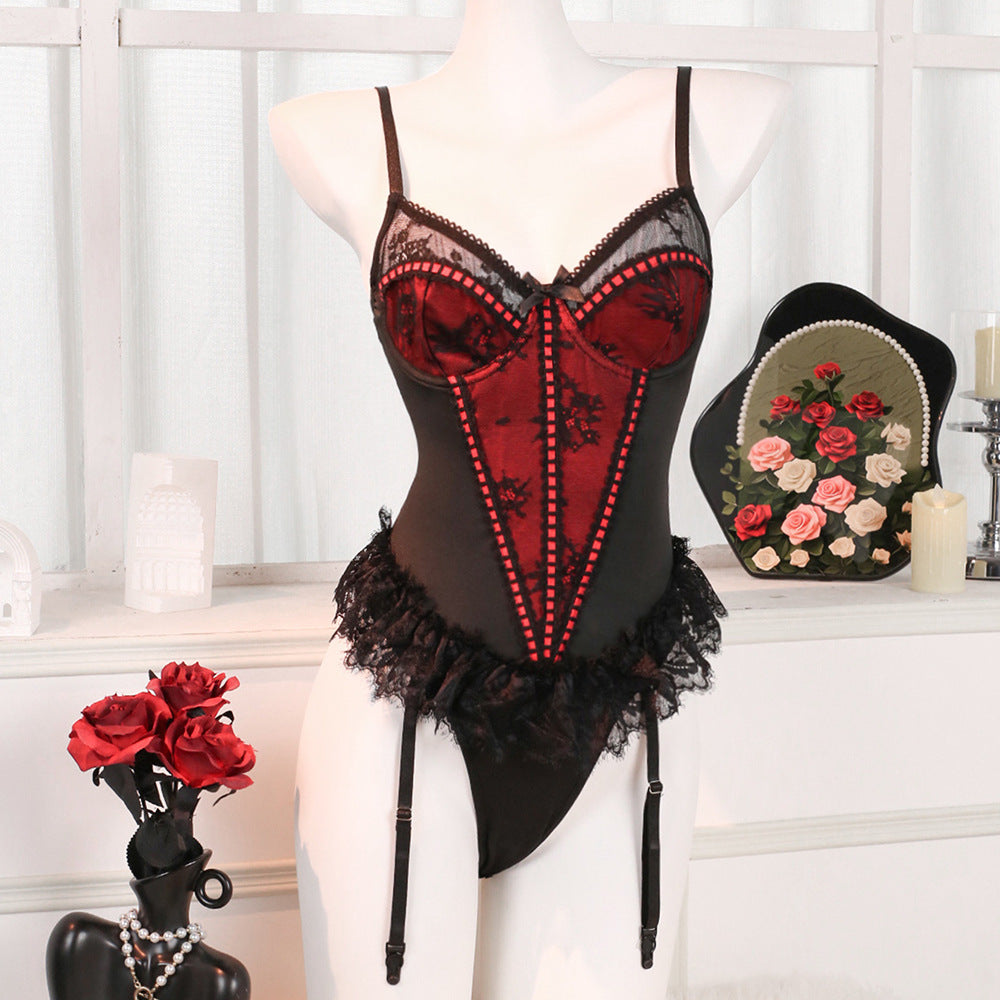 Elegant Lingerie For Women Lace Bodysuits with Garter Belt, One piece Deep V Mini Outfits Backless Design Black&Red sexy coset