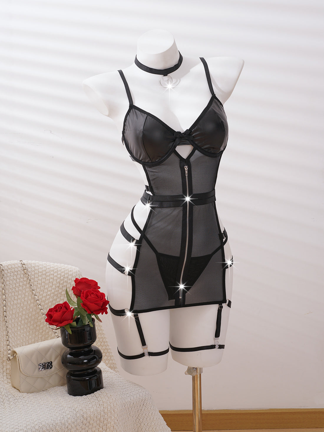 Sheer Lace-Up Lingerie Set with Front Zipper Leg Restraints, Collar, BDSM Lingerie, Couples Roleplay Lingerie